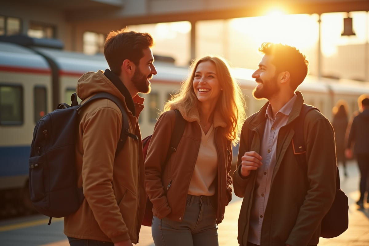 Groupe d'amis souriants à la gare en matinée ensoleillée