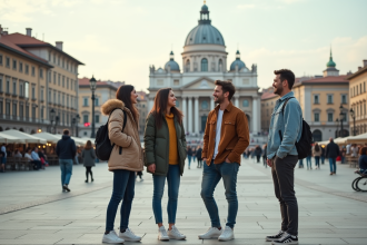 Groupe d'amis souriants devant un monument célèbre en ville