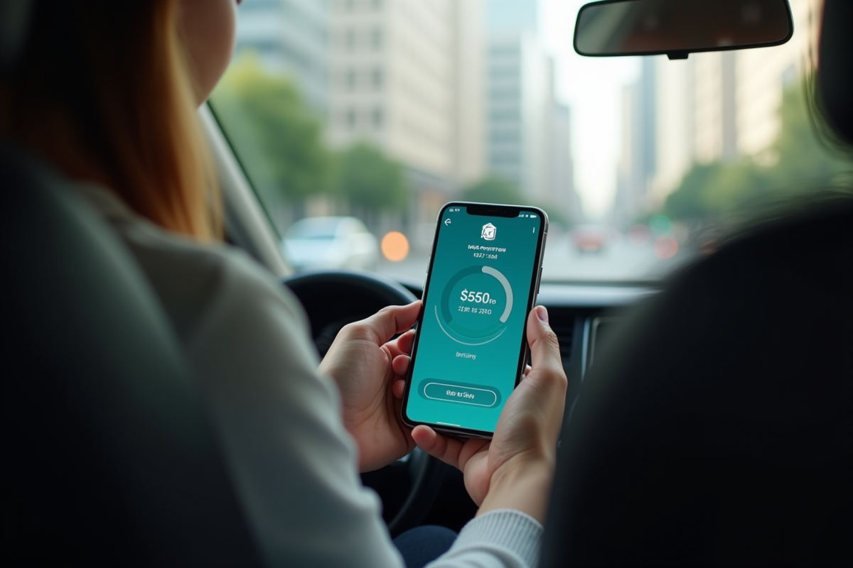 Smartphone dans la main dans la voiture affichant une course