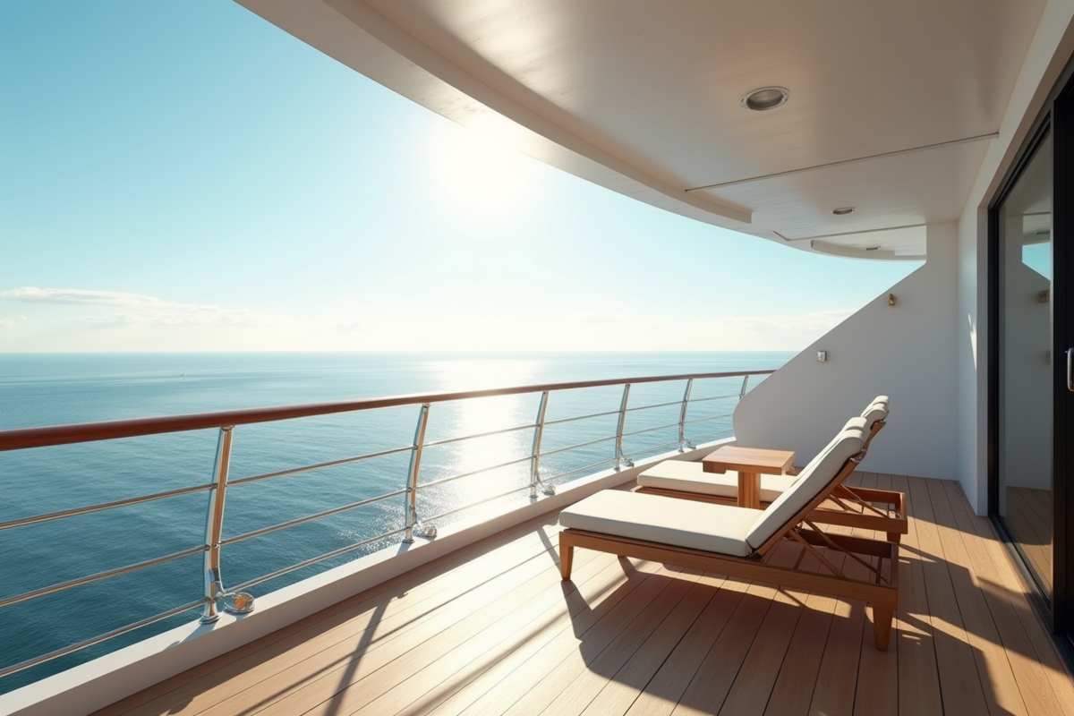 Balcon ensoleille sur un bateau de luxe avec vue sur la mer