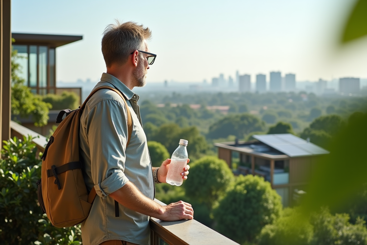 Homme regardant un jardin urbain depuis un balcon écologique