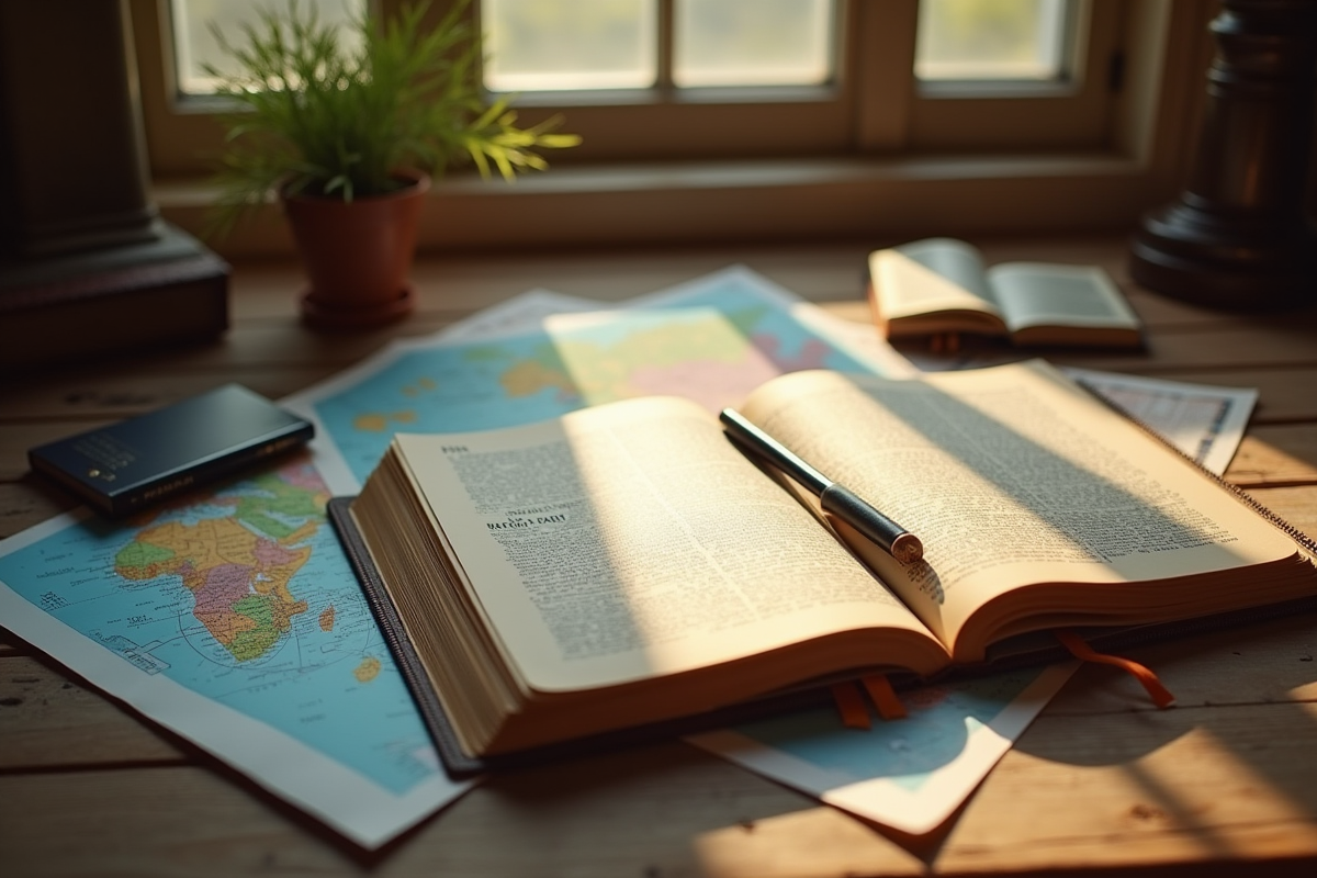 Carnet de voyage ouvert sur une table en bois rustique