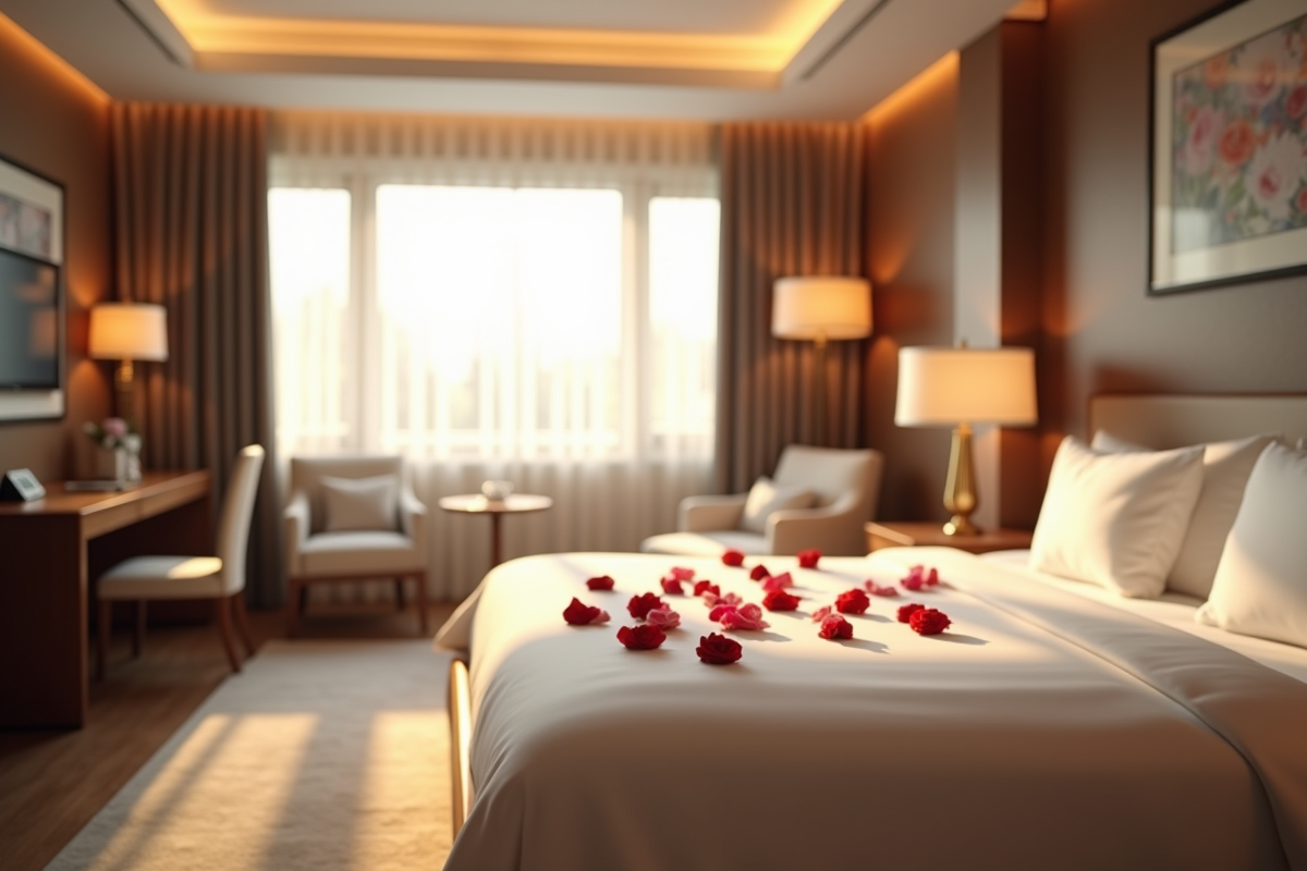 Chambre d'hôtel élégante avec pétales de roses sur le lit