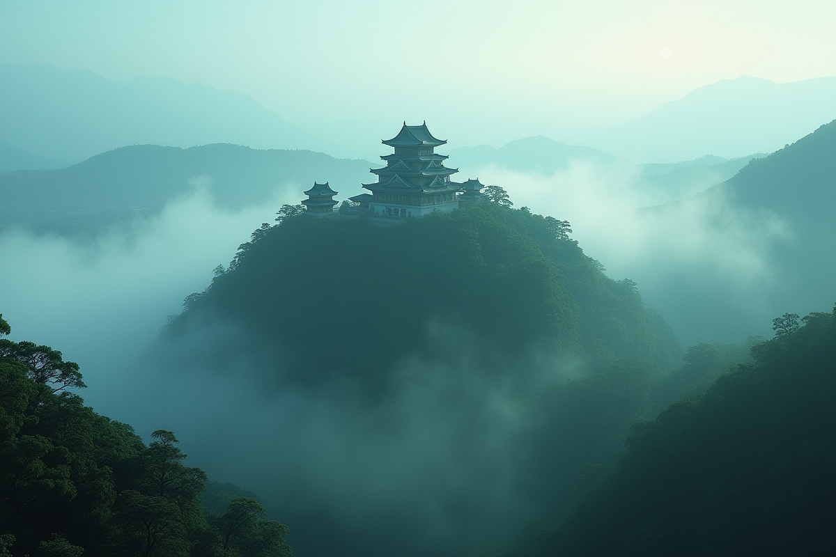 Château japonais ancien dans la brume matinale sur une colline boisée