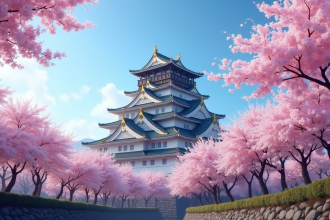 Château japonais traditionnel entouré de cerisiers en fleurs sous un ciel bleu