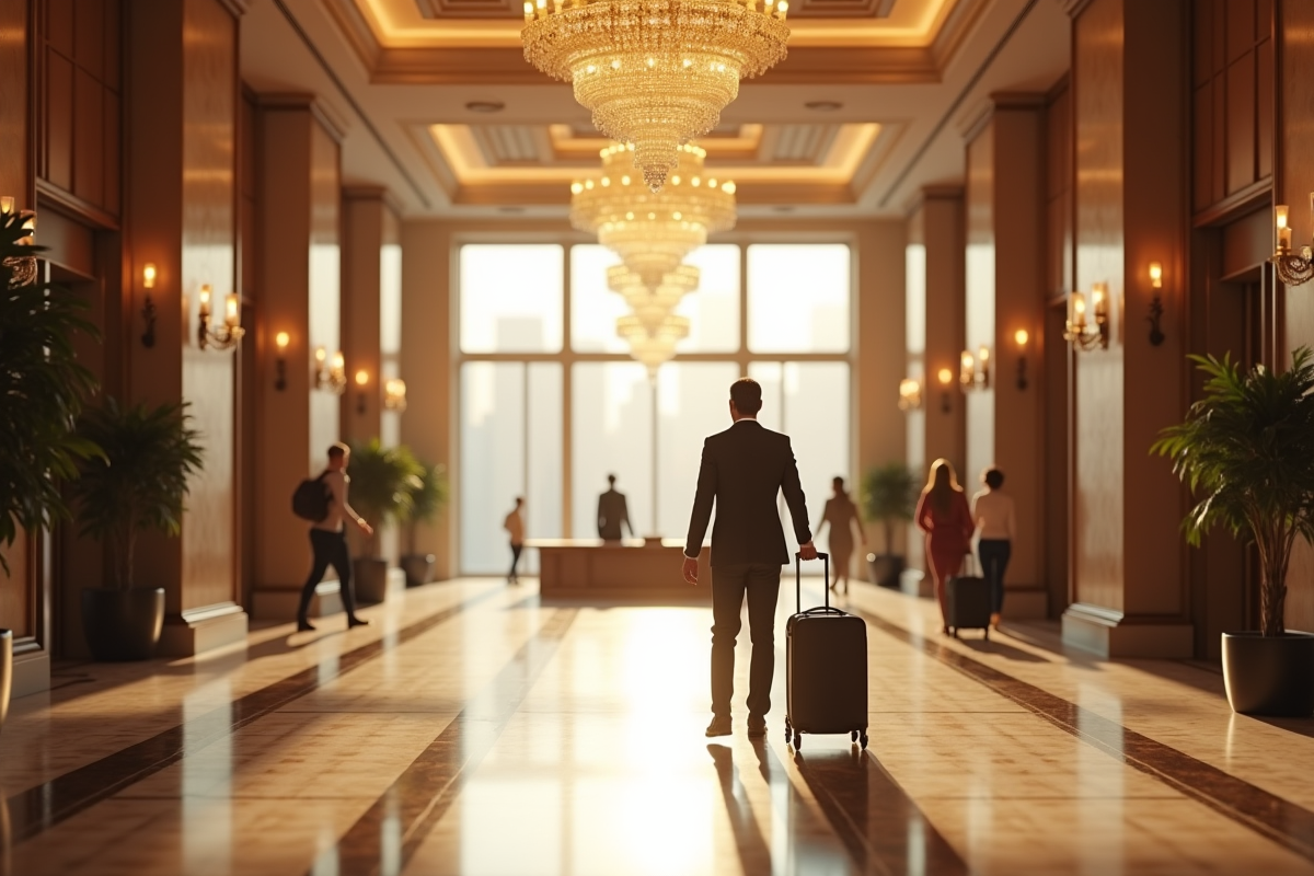 Concierge accueillant chaleureusement des clients dans un grand hall d