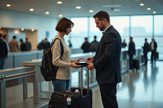 Femme d'âge moyen à la sécurité aéroport avec agent inspectant ses bagages