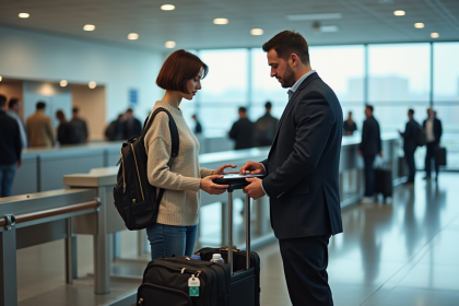 Femme d'âge moyen à la sécurité aéroport avec agent inspectant ses bagages