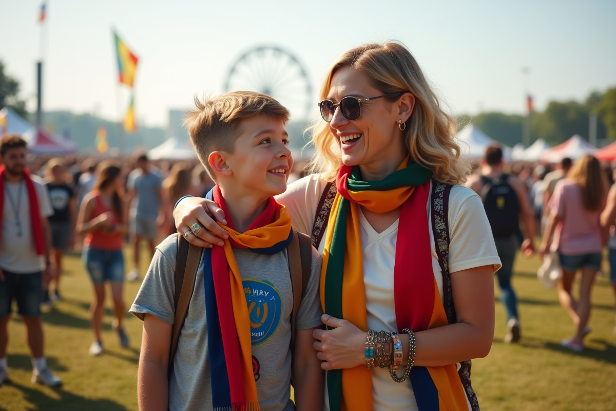 Femme et enfant discutant dans un parc festif avec foule