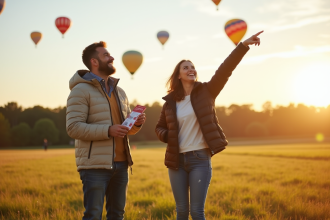 Couple souriant dans un champ avec montgolfières colorées