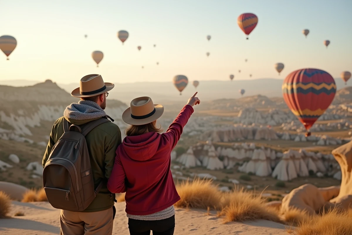 Couple regardant les ballons en Cappadoce
