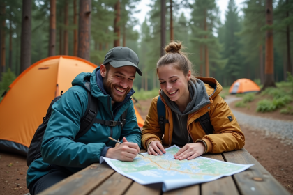 Jeune couple de campeurs souriants devant une tente en for&ecirc;t