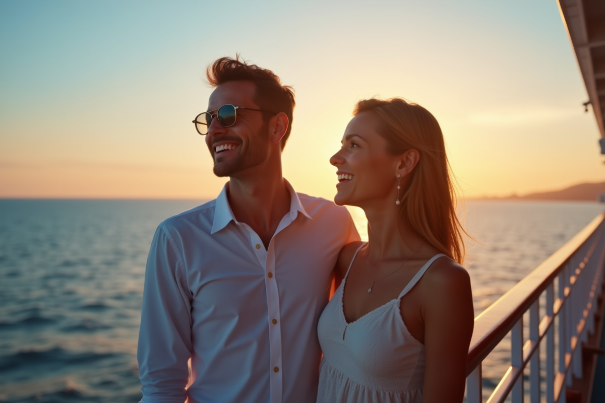 Couple heureux sur le pont d'un bateau au coucher de soleil