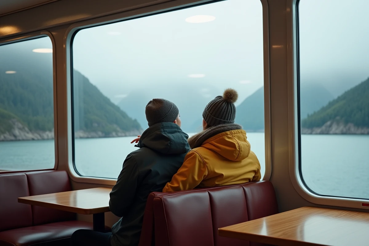 Jeune couple dans un salon de ferry avec vue sur le fjord