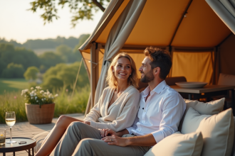Couple souriant sur terrasse en campagne française