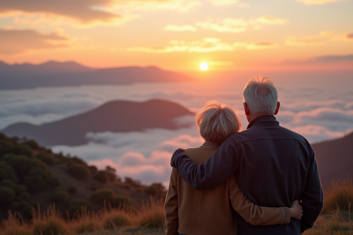 Vieux couple regardant le lever du soleil en montagne