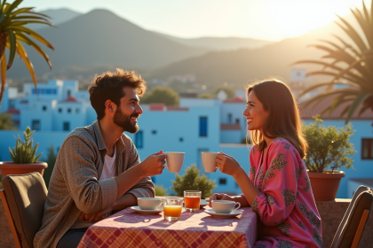 Jeune couple marocain dégustant du thé sur une terrasse ensoleillée à Chefchaouen