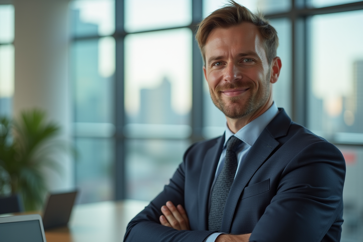 Cadre confiant dans un bureau moderne en lumière naturelle