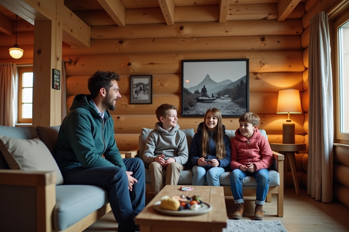 Famille dans un chalet regardant une photo ancienne