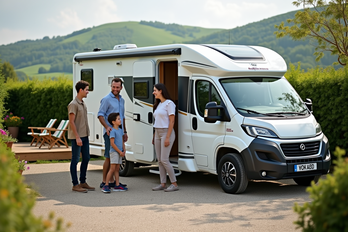 Famille de quatre près d un mobilhome dans un cadre naturel