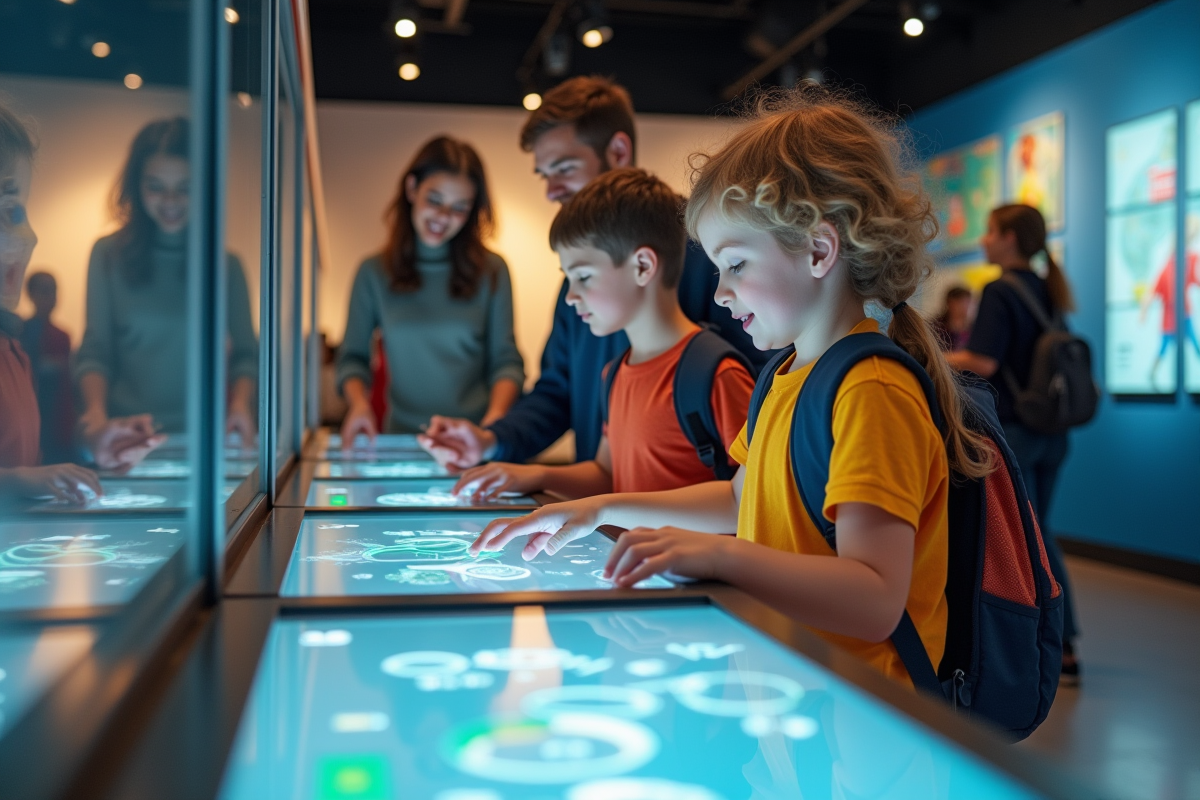 Famille heureuse découvrant une exposition dans un musée scientifique