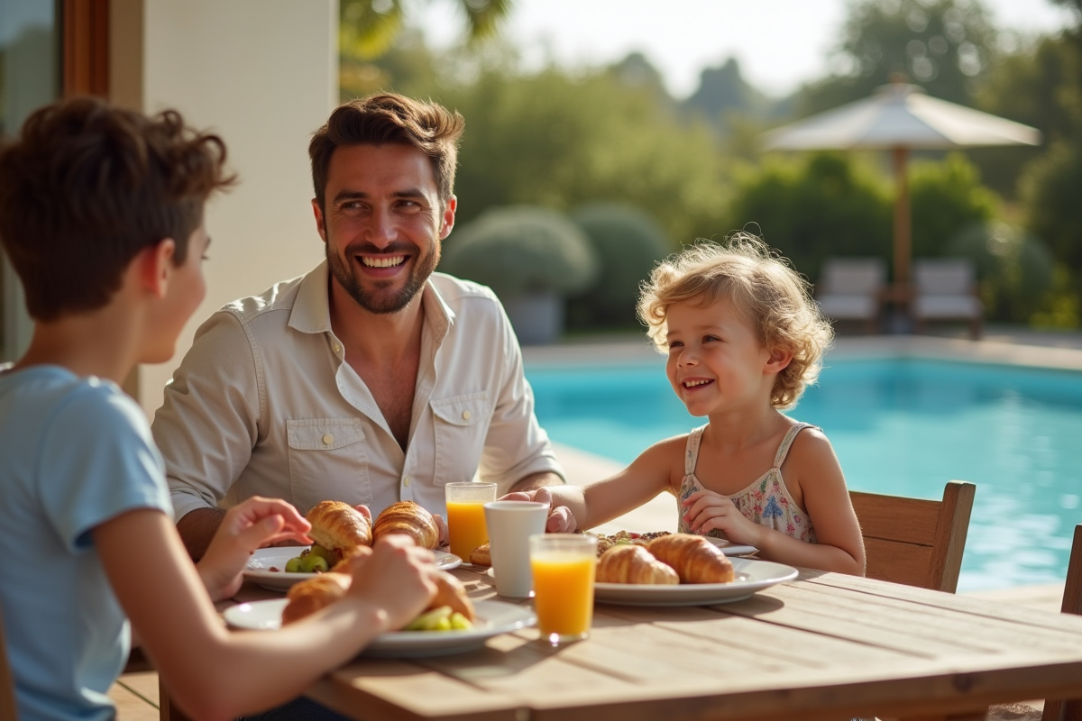 Famille prenant petit déjeuner au bord de la piscine
