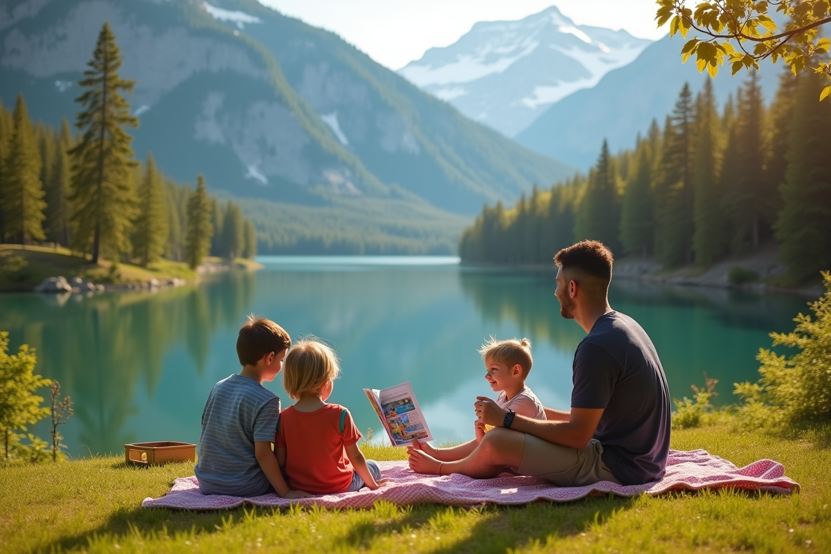Famille au bord du lac en nature avec brochure d