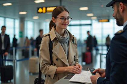 Jeune femme belge au check-in aéroport avec documents
