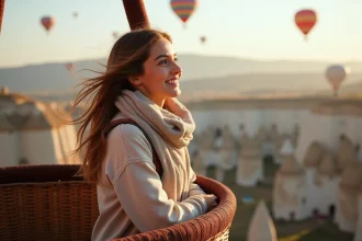 Jeune femme dans un panier de ballon en Cappadoce
