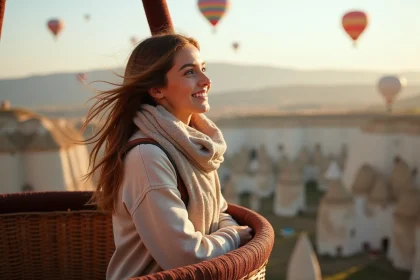 Jeune femme dans un panier de ballon en Cappadoce
