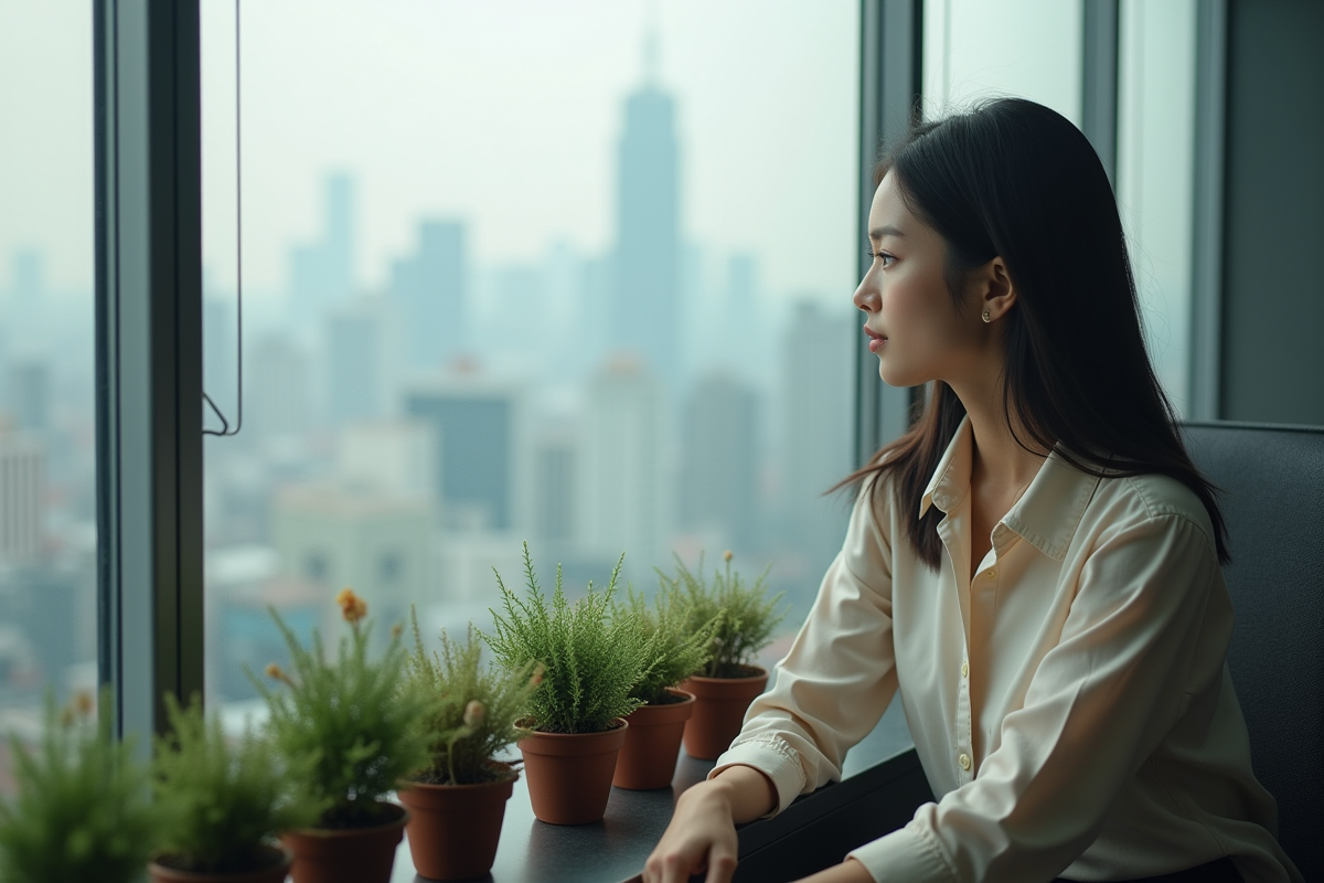 Jeune femme en bureau regardant la ville brumeuse