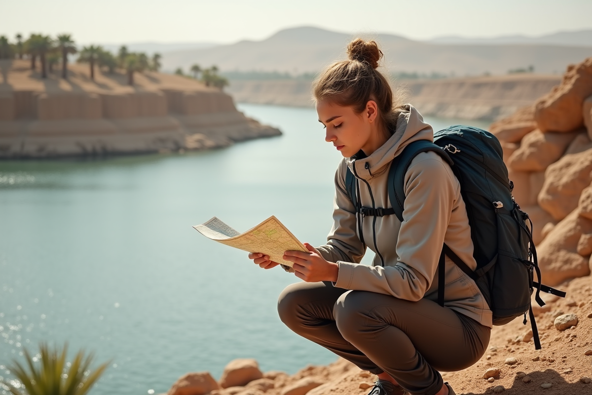 Jeune femme examinant une carte au bord d