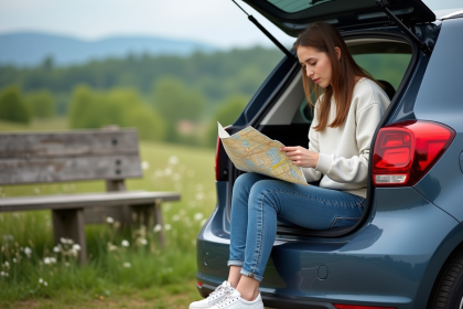Jeune femme avec carte routière en plein air