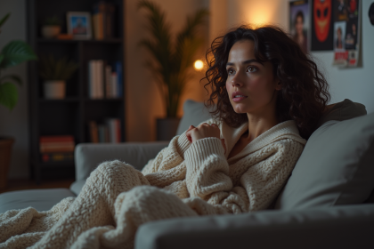 Jeune femme en loungewear regarde un écran dans un salon cosy