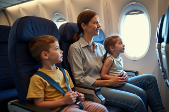 Mère et enfants assis dans un avion en voyage