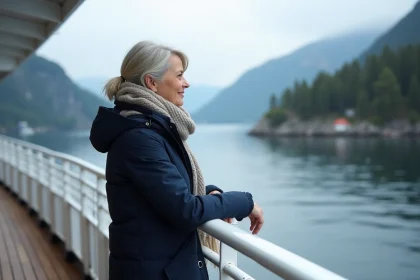 Femme regardant le fjord d'un ferry en Norvege