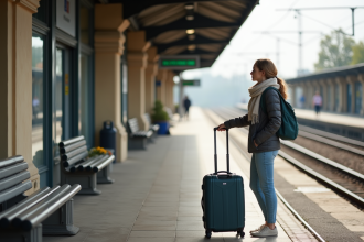 Femme à la gare en voyage avec valise et sac à dos