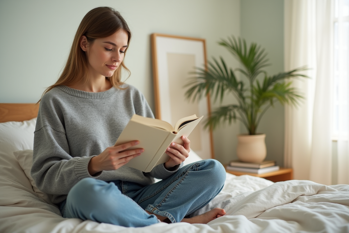 Jeune femme lisant dans un lit confortable et lumineux