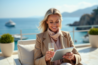 Femme élégante en coat beige regardant la mer