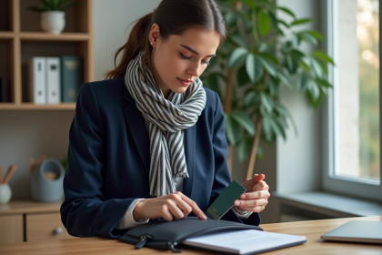 Femme rangeant son passeport dans une pochette voyage