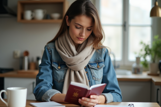Femme examinant son passeport français à la maison