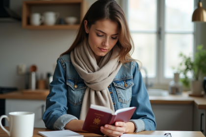 Femme examinant son passeport français à la maison
