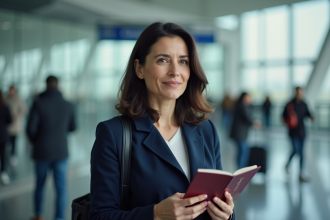Femme avec passeport voyage en main devant l'aéroport
