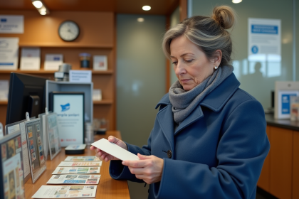 Femme d'&acirc;ge moyen dans un bureau de poste europ&eacute;en examinant des timbres