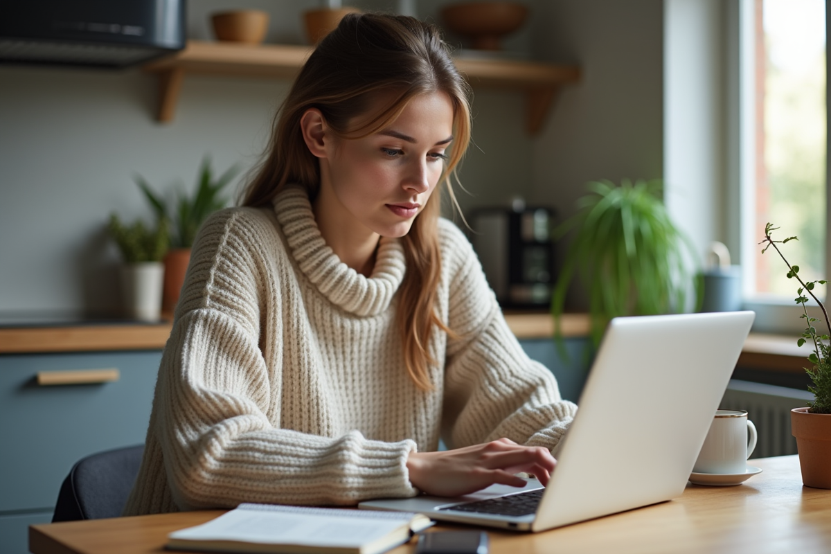 Femme concentrée sur son ordinateur pour réserver un vol en montgolfière