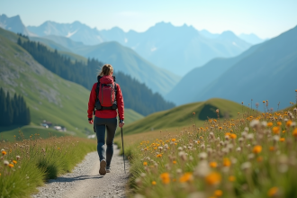 Femme en randonnée dans les Alpes avec veste technique