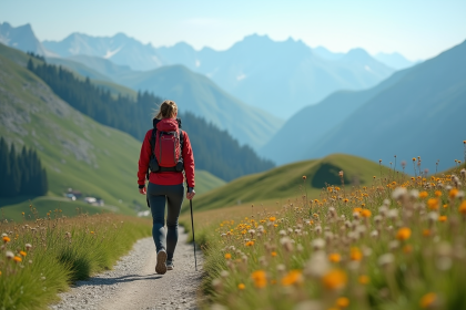 Femme en randonn&eacute;e dans les Alpes avec veste technique