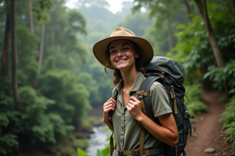 Jeune femme en trek dans la forêt amazonienne ajustant son sac