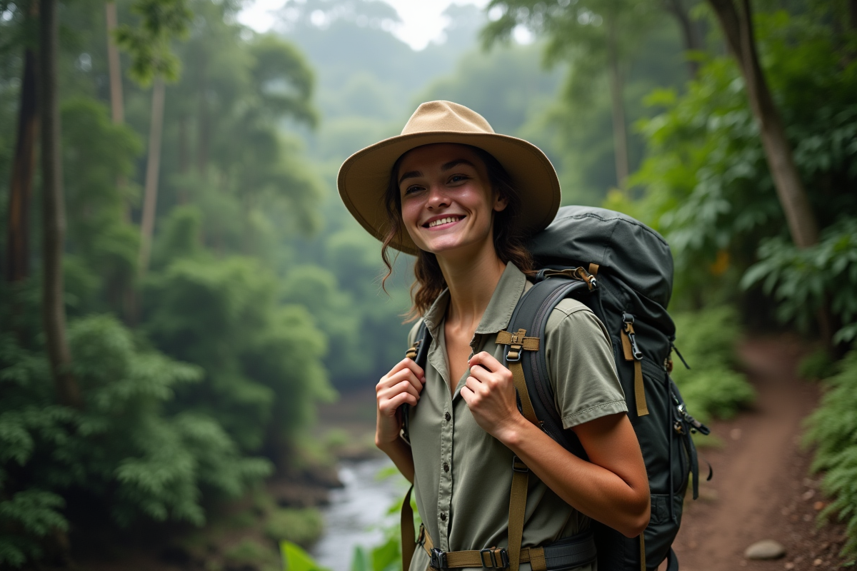 Jeune femme en trek dans la forêt amazonienne ajustant son sac