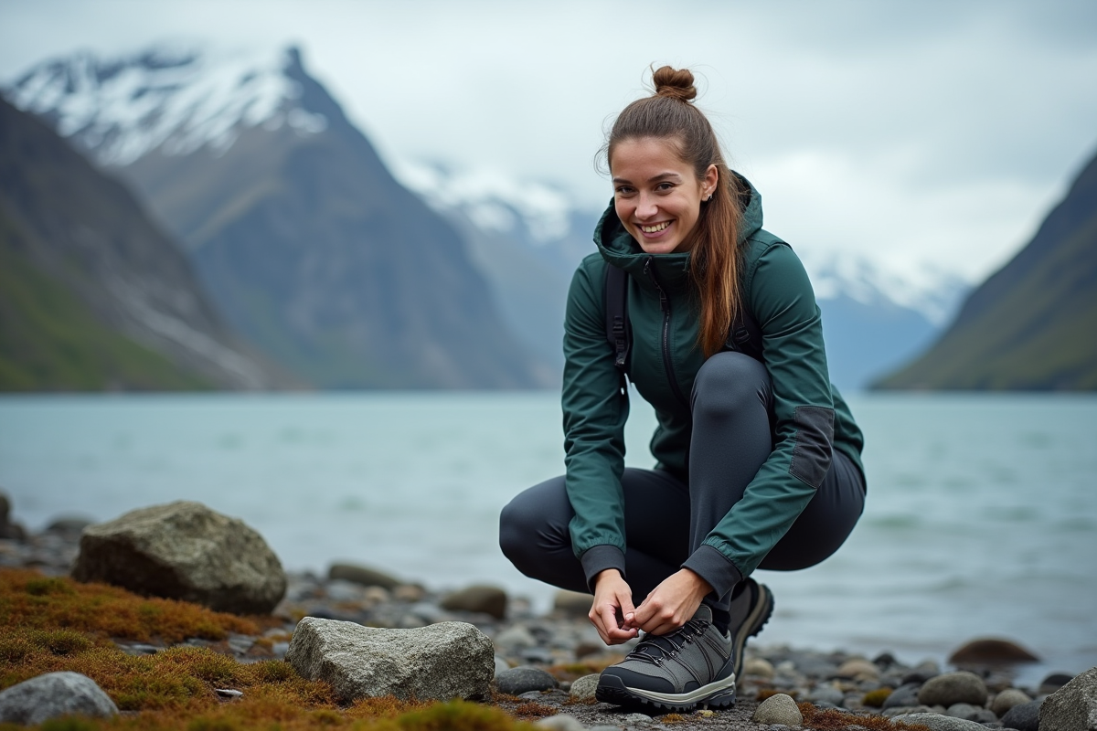 Jeune femme en randonnée près d'un fjord norvegien